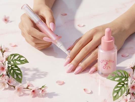 applying cuticle oil to a fresh set of nails as part of nail aftercare