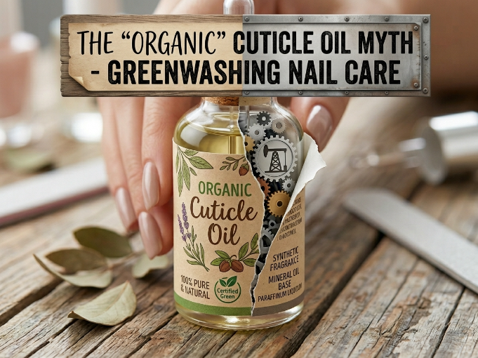 A visual "Reality Check" on greenwashing in nail care. The image contrasts a typical "Organic Cuticle Oil" marketing label with the hidden synthetic ingredients and industrial processes often found in mass-produced nail products.
