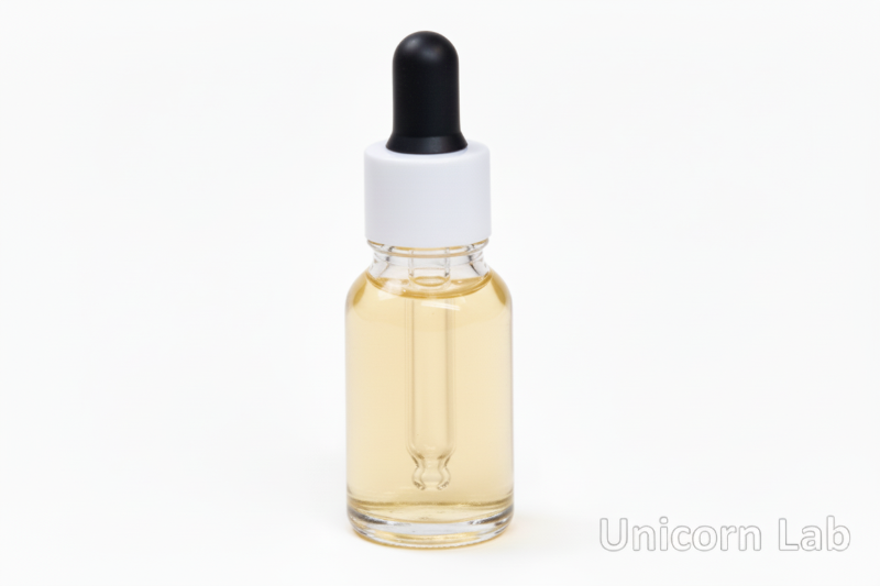 Clear 15ml round bottle with white cap on a white background with cuticle oil inside