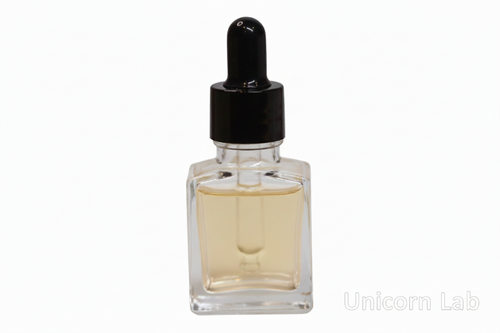 Clear glass 15ml square dropper bottle with black cap on a white background