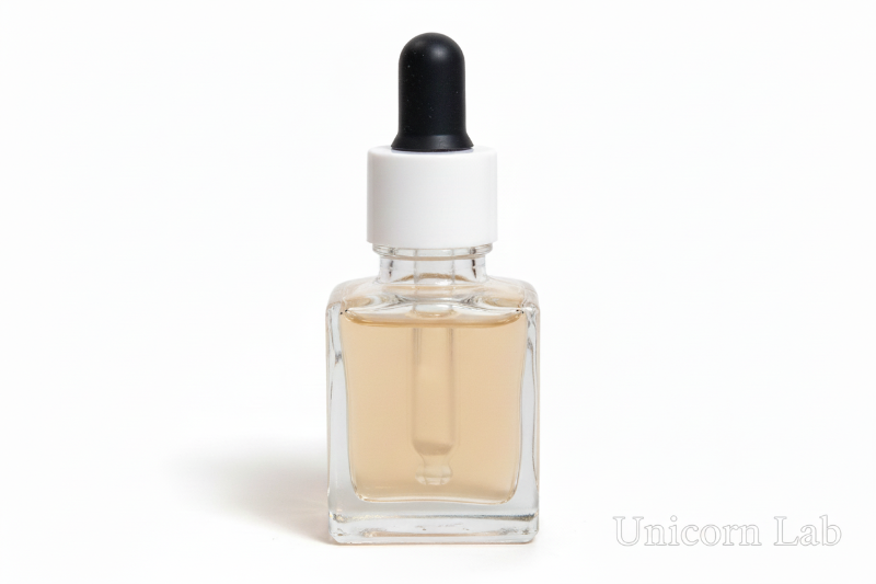 Clear glass 15ml square dropper bottle with black and white cap on a white background