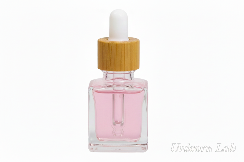 Glass dropper 15ml square bottle with a wooden cap on a white background with pink cuticle oil