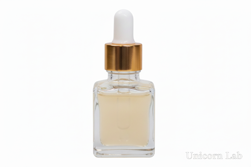 Clear 15ml square glass dropper bottle with gold cap on a white background