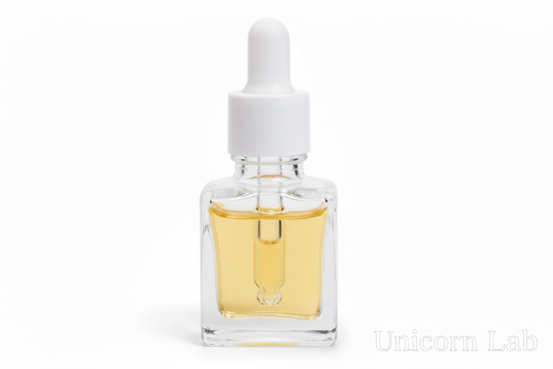 Clear glass 15ml square dropper bottle with white cap on a white background