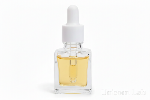 Clear glass 15ml square dropper bottle with white cap on a white background