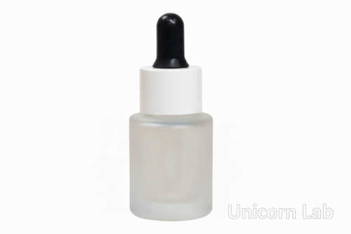 Frosted glass  15ml flat shoulder dropper bottle with black cap on a white background