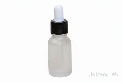 Frosted glass 15ml round dropper bottle with a black cap on a white background