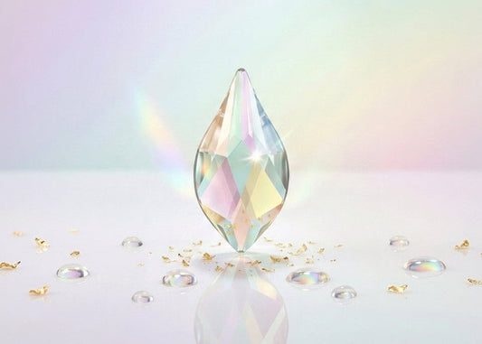 Iridescent crystal pendant on a soft, multicolored background. 2205 Flame AB | Flatback Crystals | 10mm Swarovski Fancy Shape