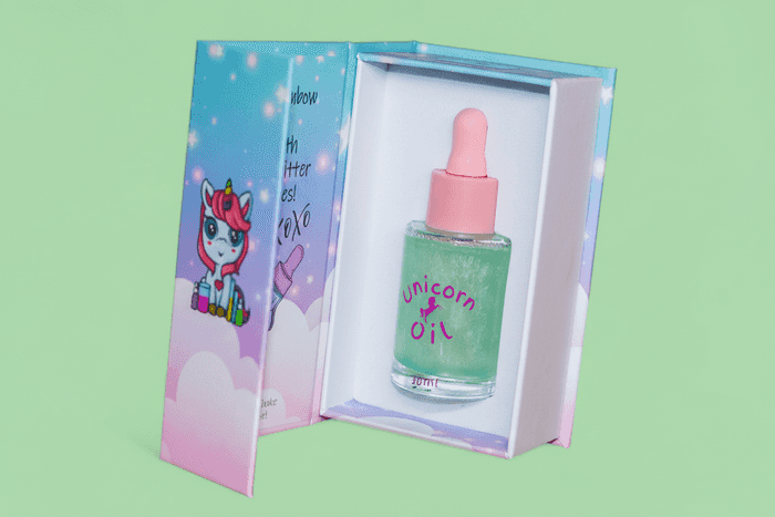 Unicorn oil dropper bottle in a colorful box on a green background