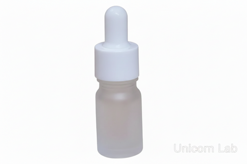 Frosted 5ml round dropper bottle with white cap on a white background