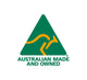 Green triangle with yellow hand design and 'Australian Made and Owned' text on a white background