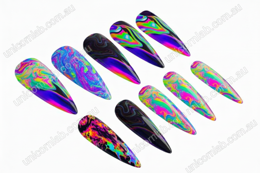 Acid marble waterslide nail decal on stiletto nails - Unicorn Lab