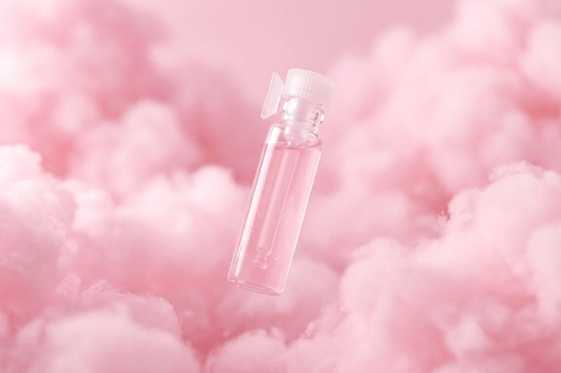 Clear glass vial of Fairy Floss Cuticle Oil on a pink cloud-like background
