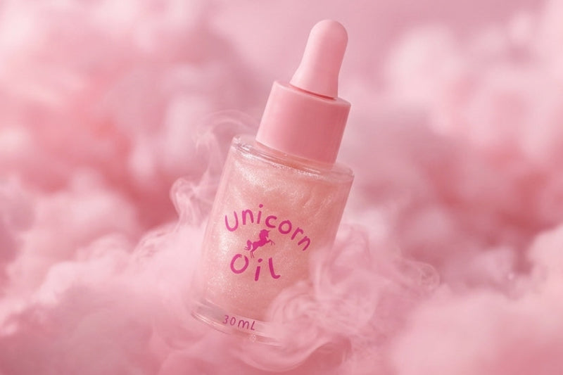Fairy Floss scented shimmer Cuticle Oil in a 30ml bottle on a pink fluffy background