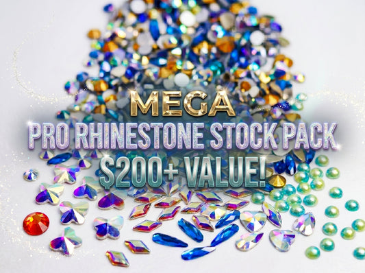 Mega Pro Rhinestone Stock Pack with colorful rhinestones on a white background