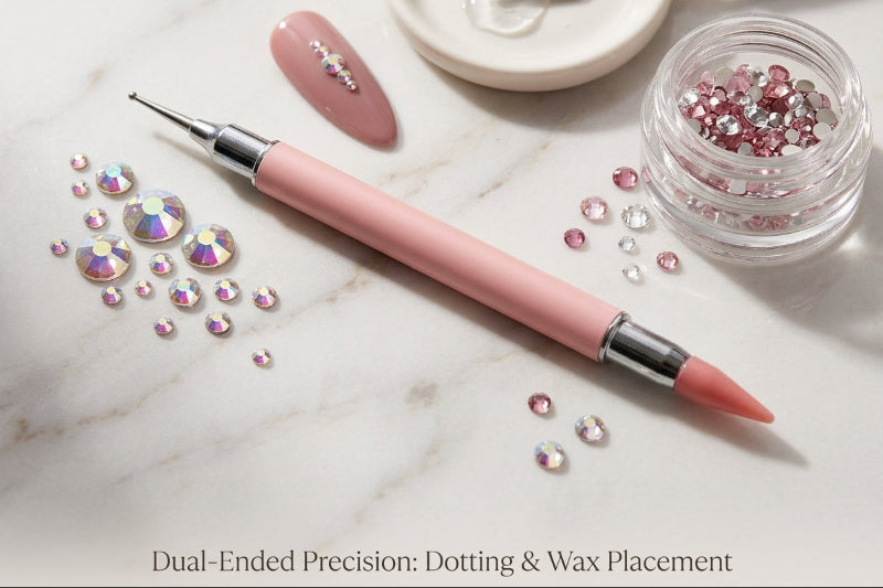 Pink wax rhinestone pickup tool with dotting end, wax tip and crystals for nail art placement