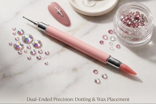 Pink wax rhinestone pickup tool with dotting end, wax tip and crystals for nail art placement