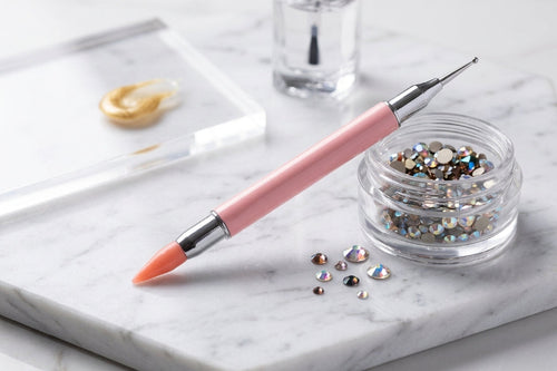 Dual-ended rhinestone pickup tool with removable wax tip for placing crystals and gems on nails