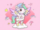 Cartoon unicorn with colorful mane and rainbow hair on a pink background. Unicorn Lab logo