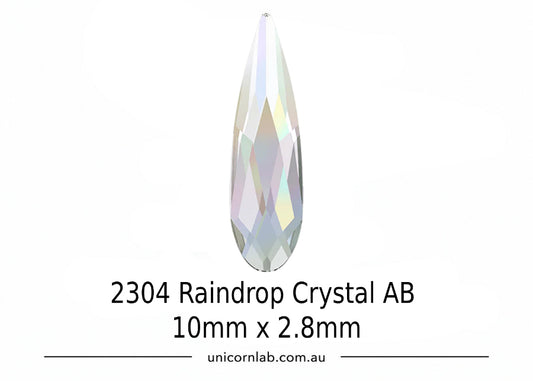 Swarovski Teardrop-shaped crystal AB with size 10mm x 2.8mm on a white background, branded 'unicornlab.com.au'.