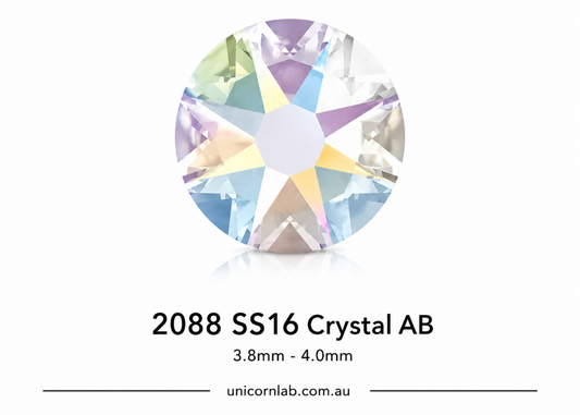 Multicolored crystal gemstone with size specifications on a white background. Swarovski 2088 Rhinestones