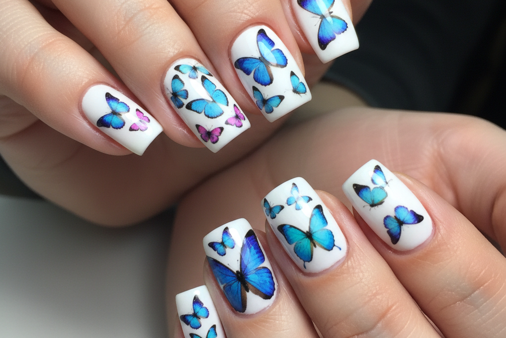 Nails with blue butterfly designs on a white background square nails - Unicorn Lab