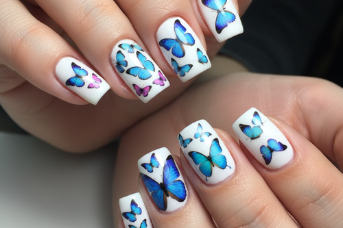 Nails with blue butterfly designs on a white background square nails - Unicorn Lab