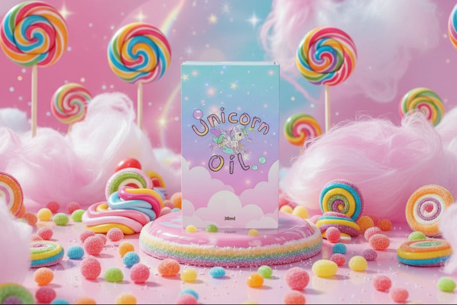 Product packaging with 'Unicorn Oil' text surrounded by colorful candy-themed decorations. - Australian made scented cuticle oil