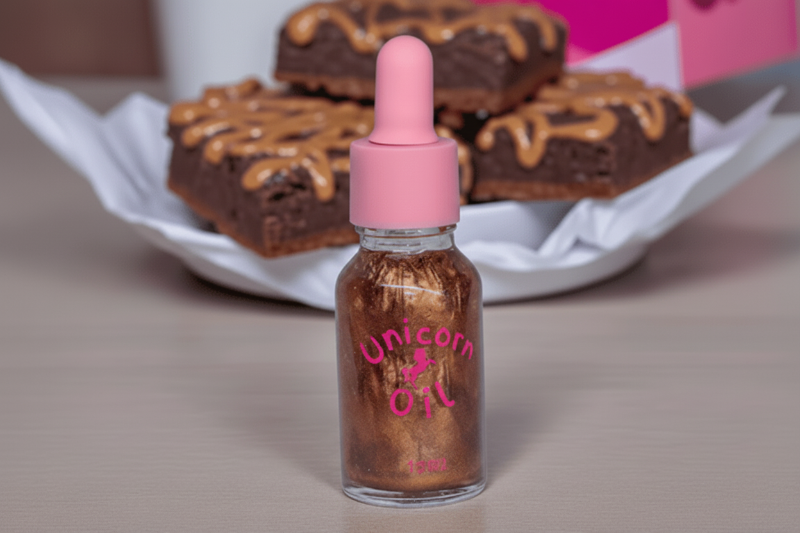 15ml glass dropper bottle of Chocolate Brownie Unicorn Cuticle Oil featuring golden shimmering oil and a professional label.