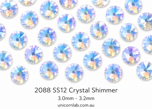 Crystal shimmer stones with size 2088 SS12 on a white background. Swarovski SS12 Crystal Shimmer Flatback Nail Crystals | Genuine 2088 Rhinestones
