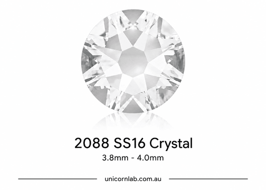 Crystal gemstone labeled '2088 SS16 Crystal' with size range '3.8mm - 4.0mm' on a white background. Genuine Swarovski SS16 Crystal flatback nail crystals