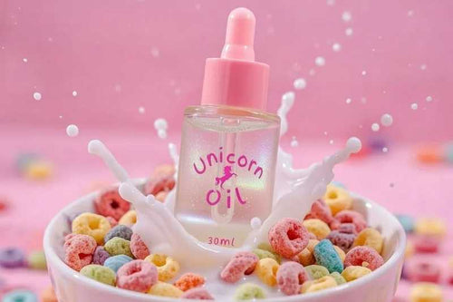 Fruit Loops scented nail serum splash into cereal bowl, sweet scented cuticle oil with colourful aesthetic