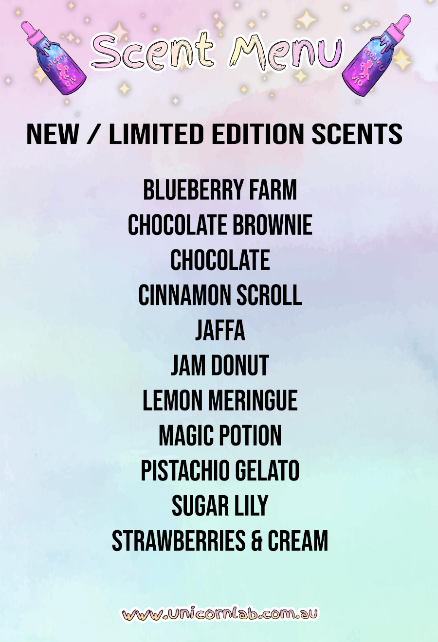 Cuticle Oil scent menu with new and limited edition scents on a pastel gradient background - Australian made nail serums by Unicorn Lab