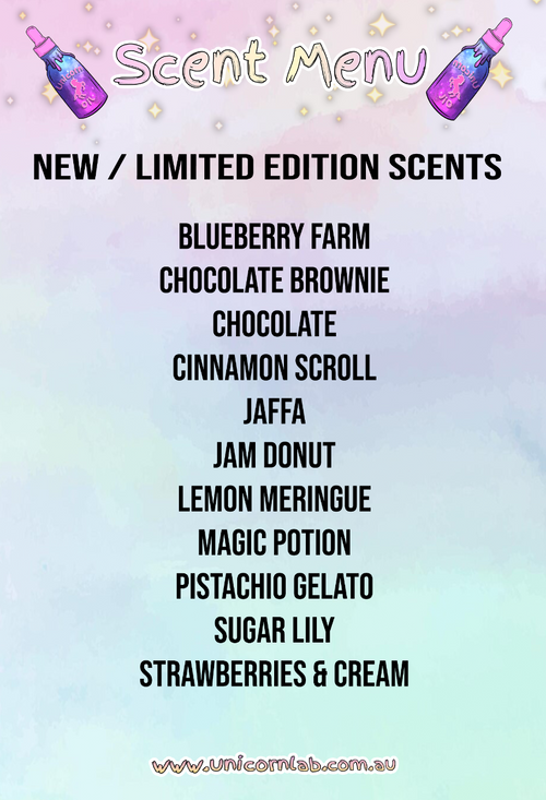 Cuticle Oil scent menu with new and limited edition scents on a pastel gradient background - Australian made nail serums by Unicorn Lab