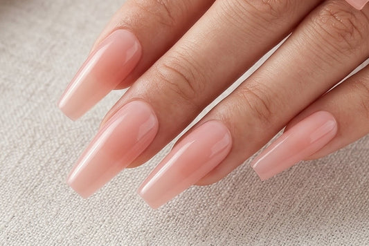 Nude coffin soft gel nail extension tips by Candy Couture