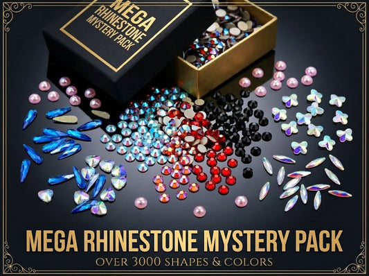 Mega rhinestone mystery pack with various rhinestones on a dark background
