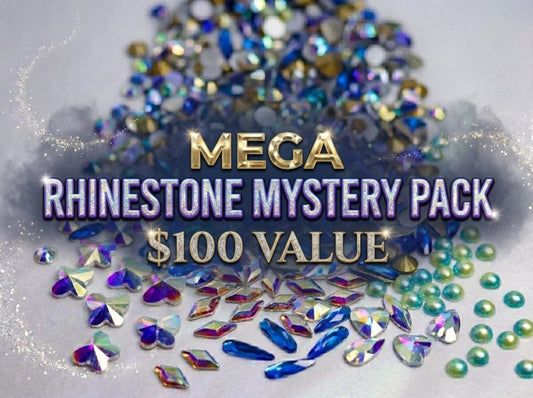 Mega rhinestone mystery pack with colorful rhinestones on a white background
