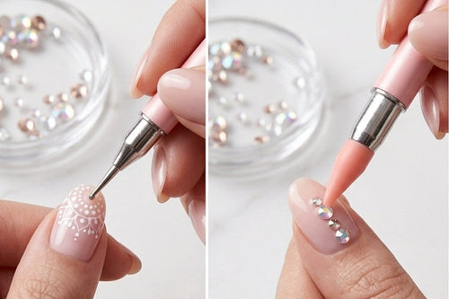 Dual-ended wax rhinestone pickup tool showing dotting, crystal placement and precision nail art application