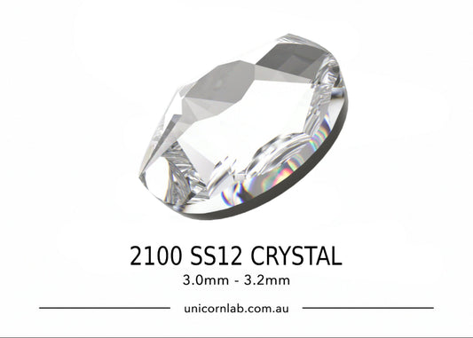 Crystal component with size label '2100 SS12 CRYSTAL' on a white background. Swarovski SS12 Crystal Star Rose Flatback Nail Crystals | 2100 XIRIUS