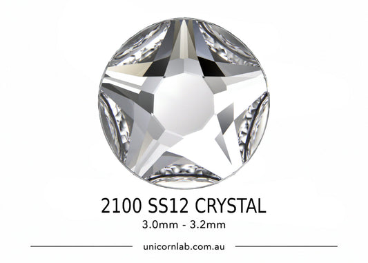 Crystal gemstone with specifications on a white background. Swarovski SS12 Crystal Star Rose Flatback Nail Crystals | 2100 XIRIUS