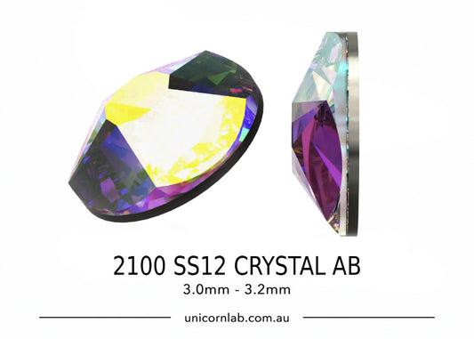 Crystal AB gemstone with '2100 SS12' size label on a white background. SS12 Crystal AB | Flatback Crystals | 2100 Star Rose Swarovski