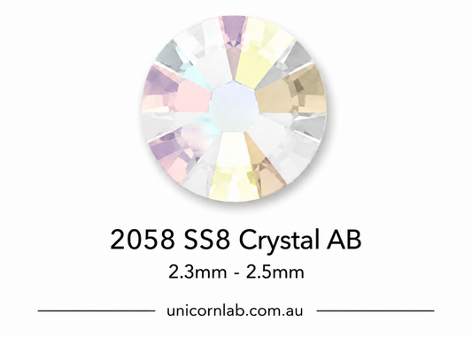 Crystal AB gemstone with size 2058 SS8 on a white background, featuring the brand 'unicornlab.com.au'. SS8 Crystal AB | Flatback Crystals | Genuine Swarovski 2058 Rhinestones