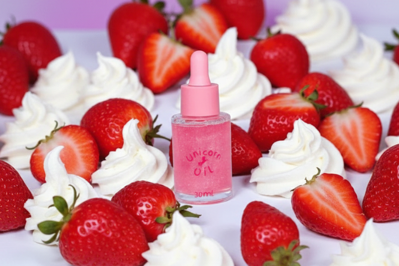 Strawberries & Cream 30ml scented nail serum surrounded by fresh cut strawberries and whipped cream