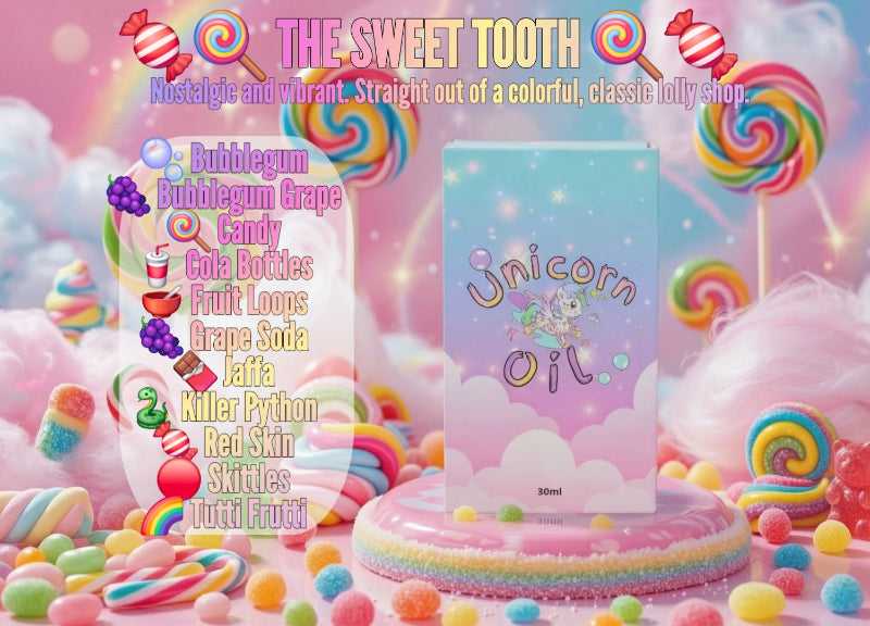 Unicorn oil product with colorful candy-themed background