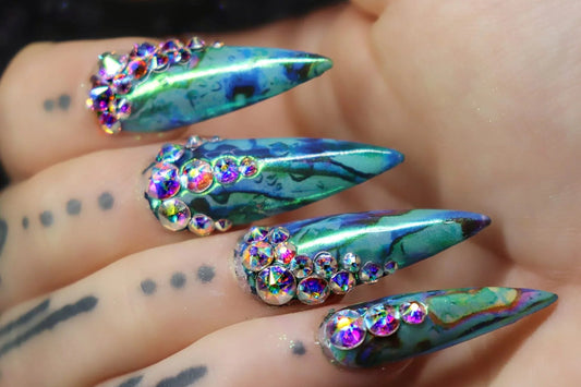 Abalone Shell Waterslide Decals on stiletto nails with rhinestones- Unicorn Lab